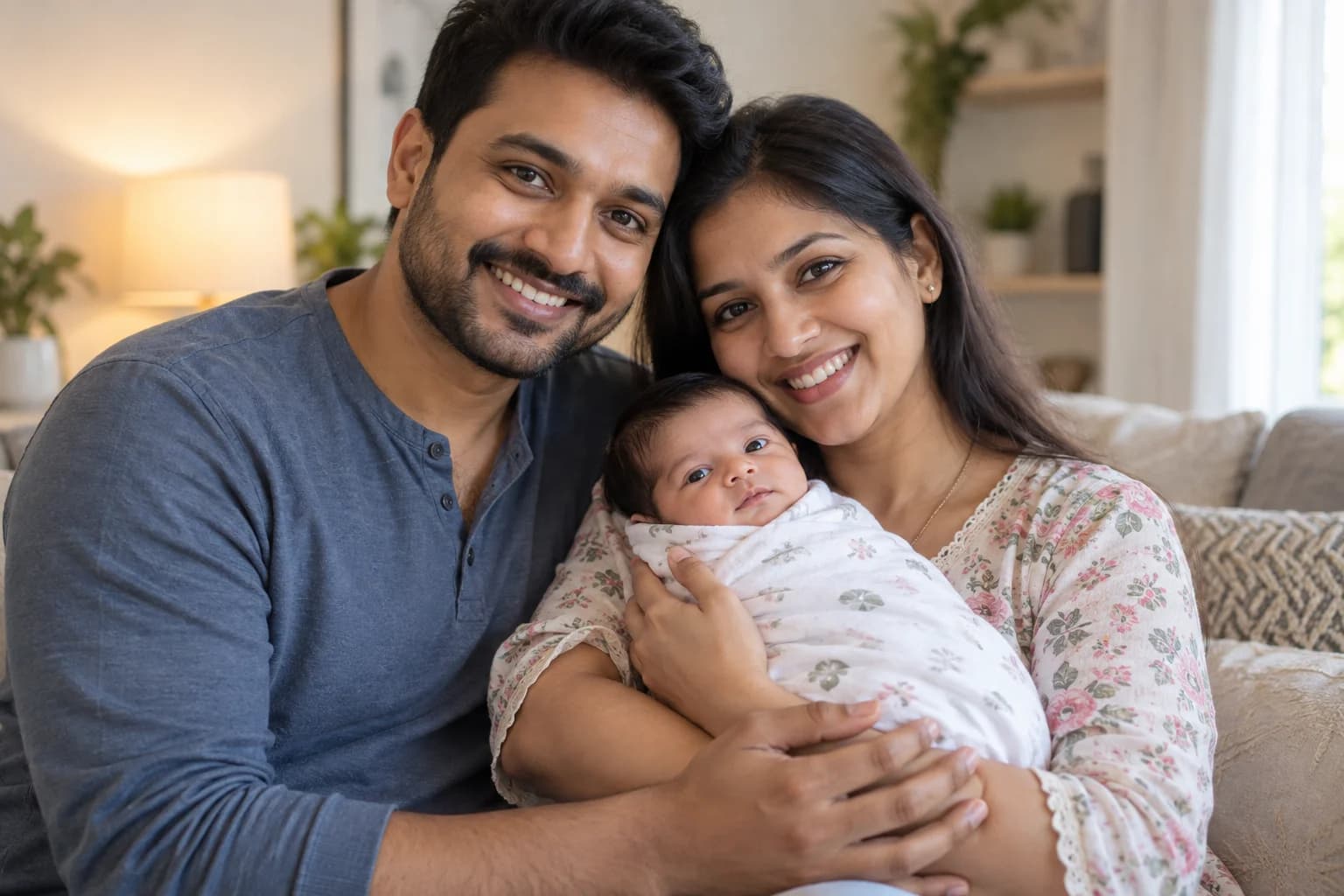 Happy Indian parents holding their newborn baby