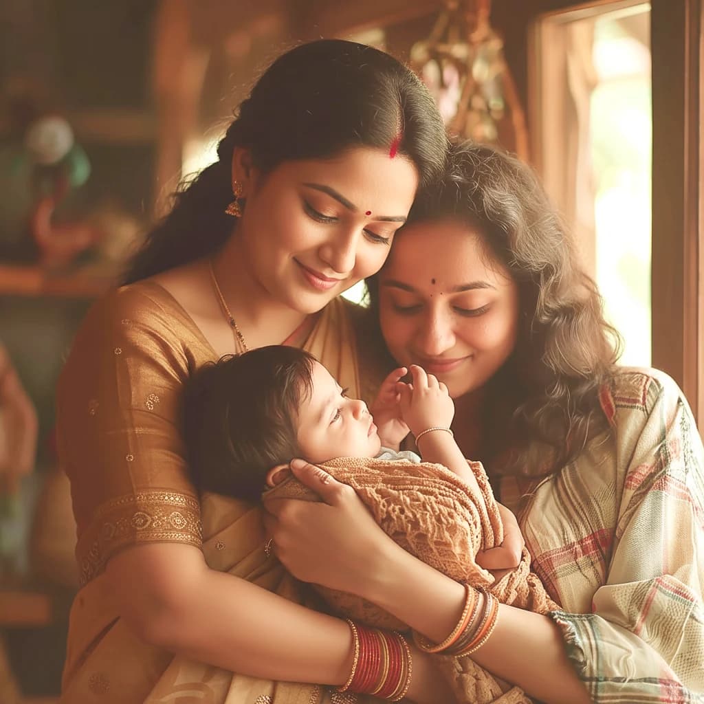 A mother and daughter welcome a newborn