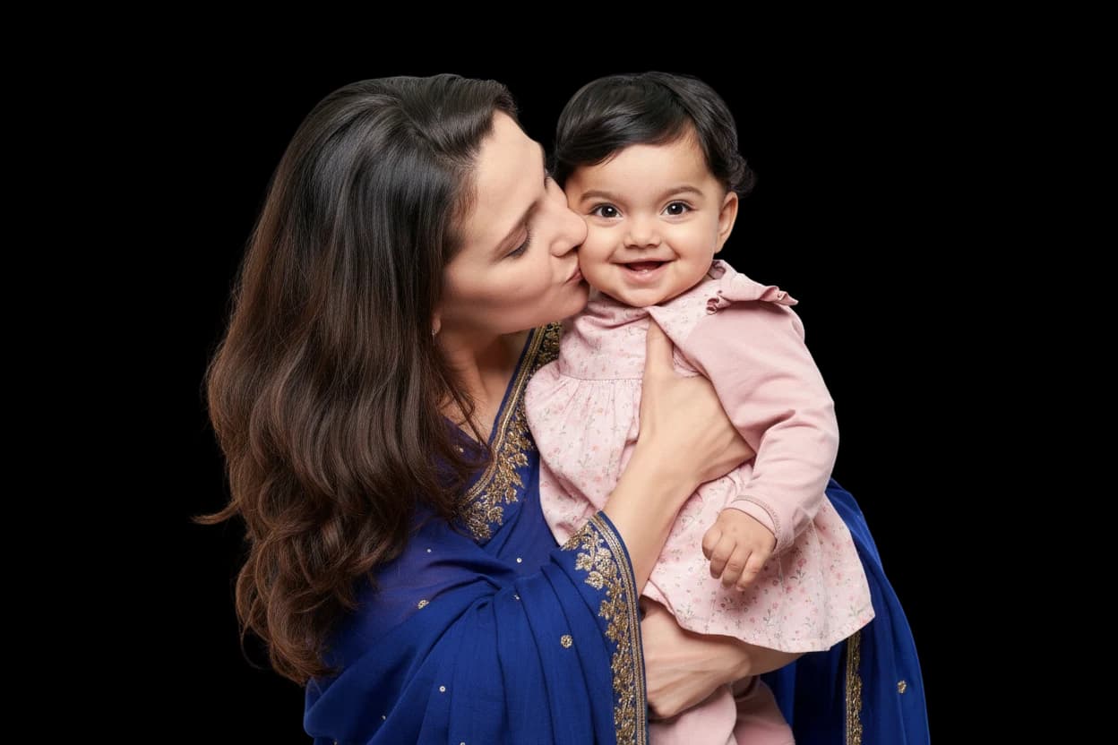A mother kisses her smiling young daughter