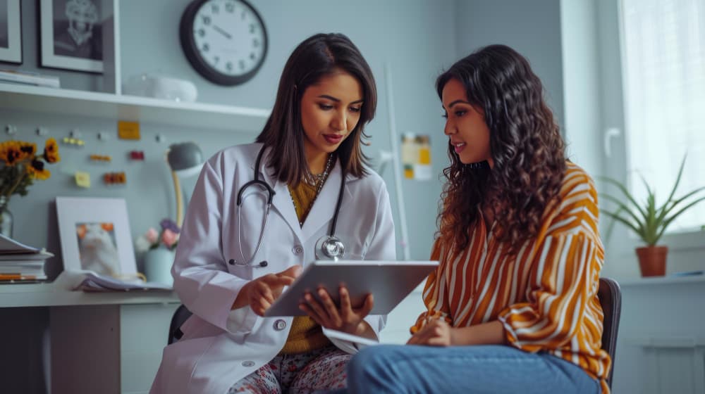 Woman receiving preconception guidance from her doctor